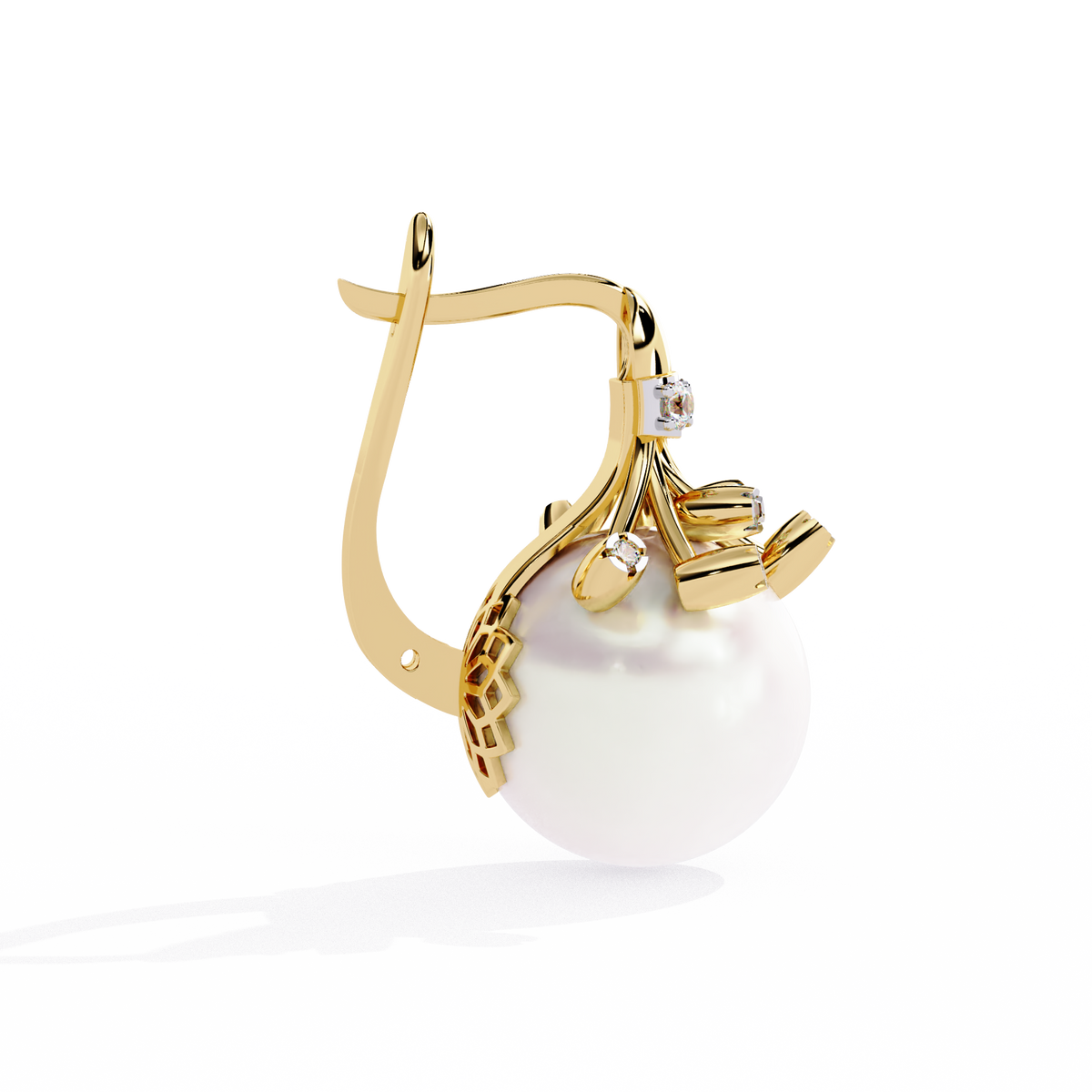 Reverra 14K Gold Round Lab Grown Diamond Crown Pearl Lever Back Earrings For Women, CTTW-0.35 | Hinged Lever