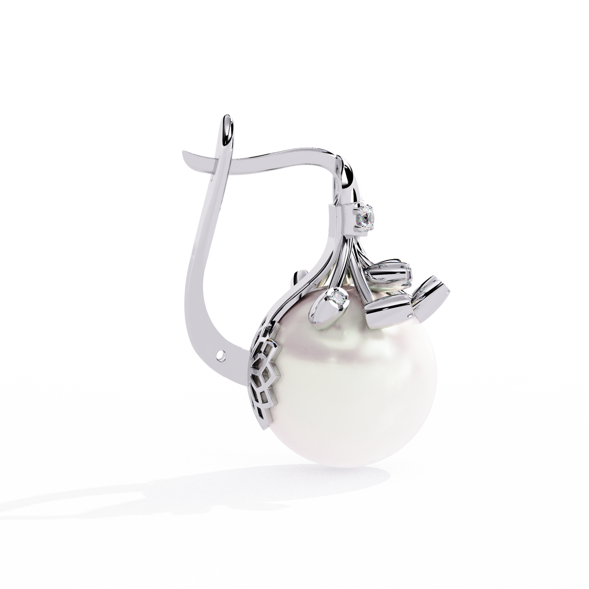 Reverra 14K Gold Round Lab Grown Diamond Crown Pearl Lever Back Earrings For Women, CTTW-0.35 | Hinged Lever