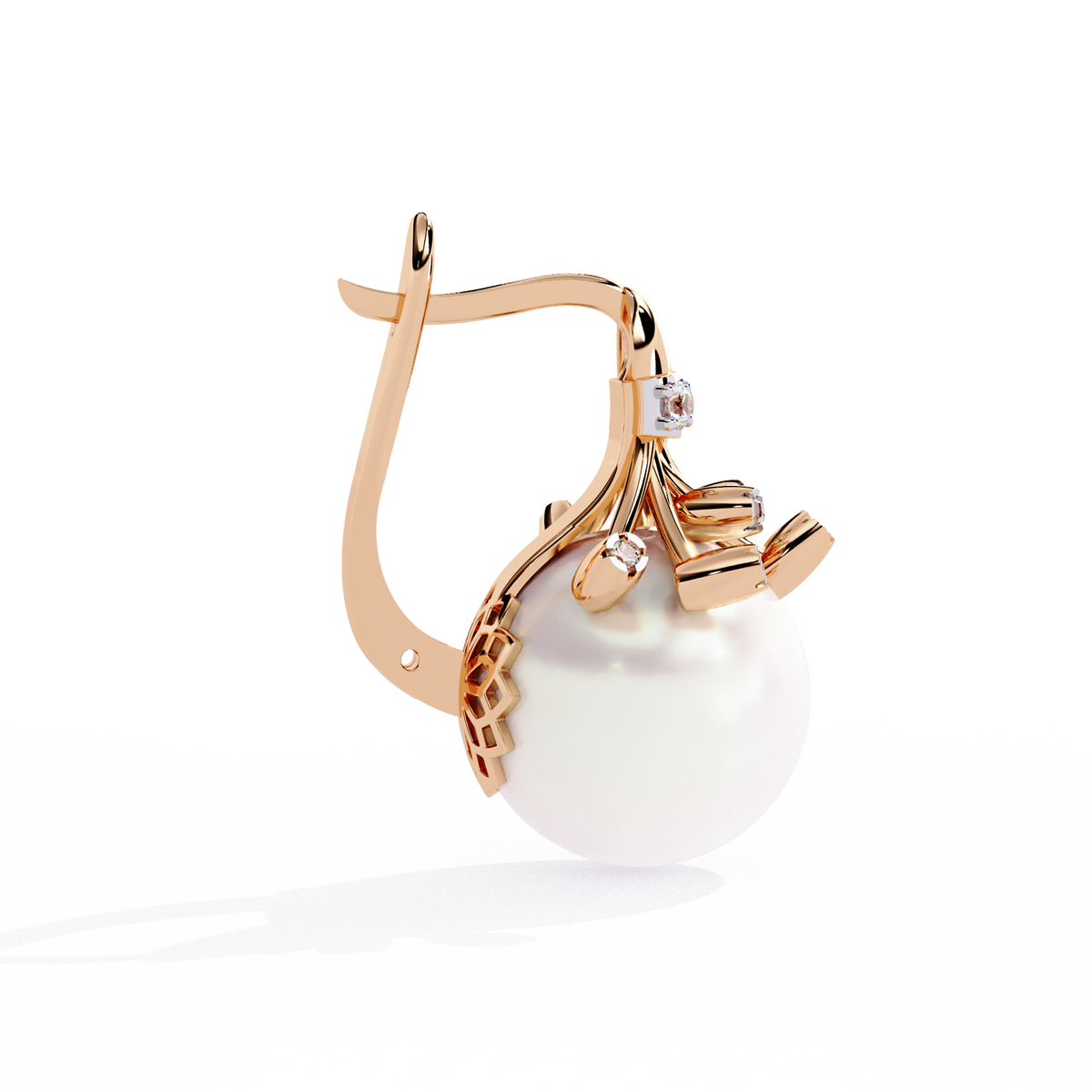 Reverra 14K Gold Round Lab Grown Diamond Crown Pearl Lever Back Earrings For Women, CTTW-0.35 | Hinged Lever