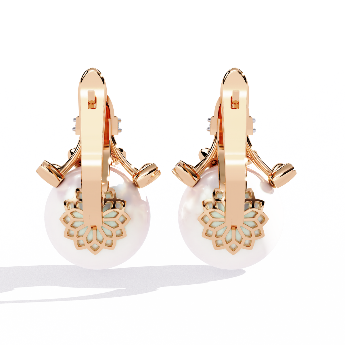 Reverra 14K Gold Round Lab Grown Diamond Crown Pearl Lever Back Earrings For Women, CTTW-0.35 | Hinged Lever