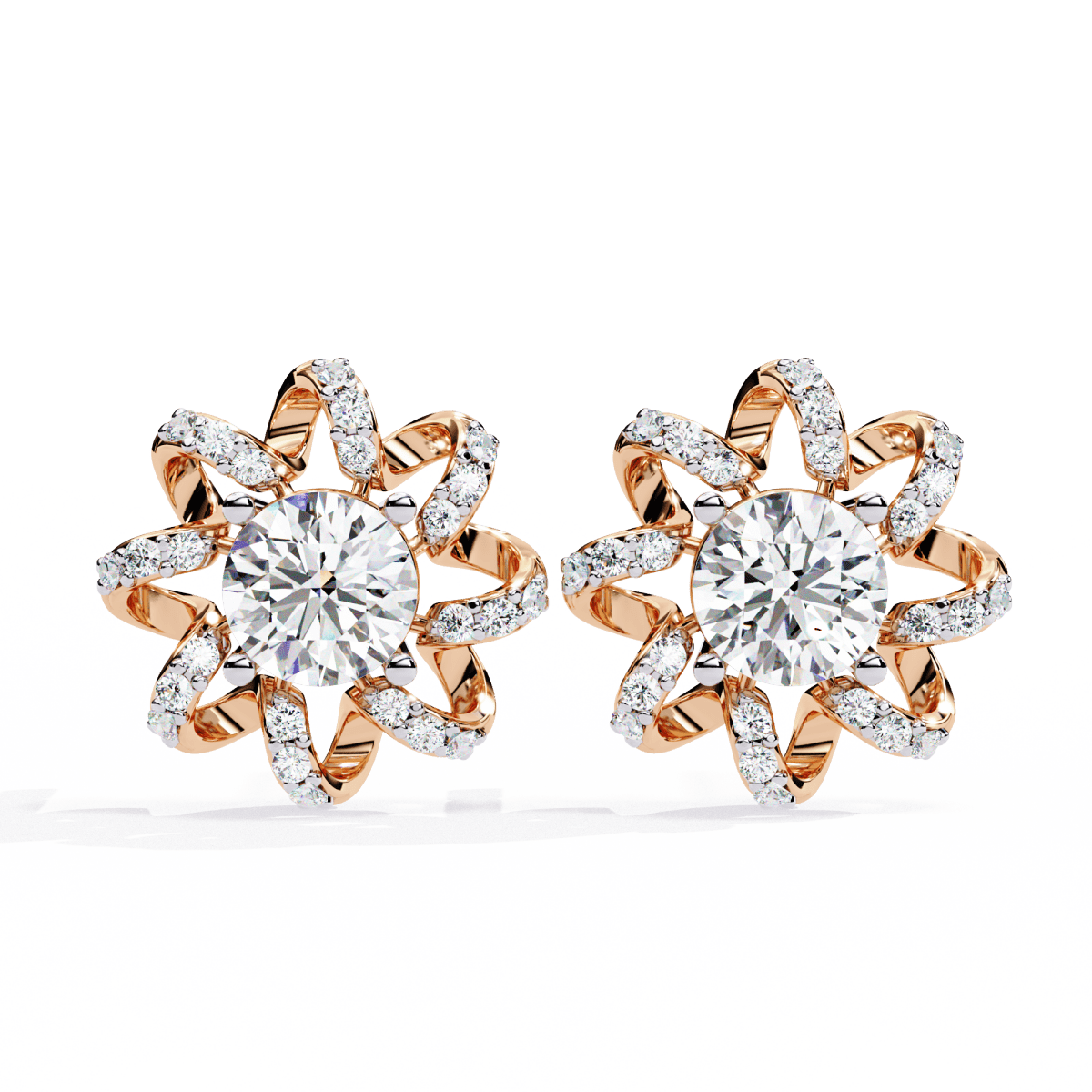 Reverra 14K Gold Round Lab Grown Diamond 4 Prong Floral Stud Earrings For Women, CTTW-1.93