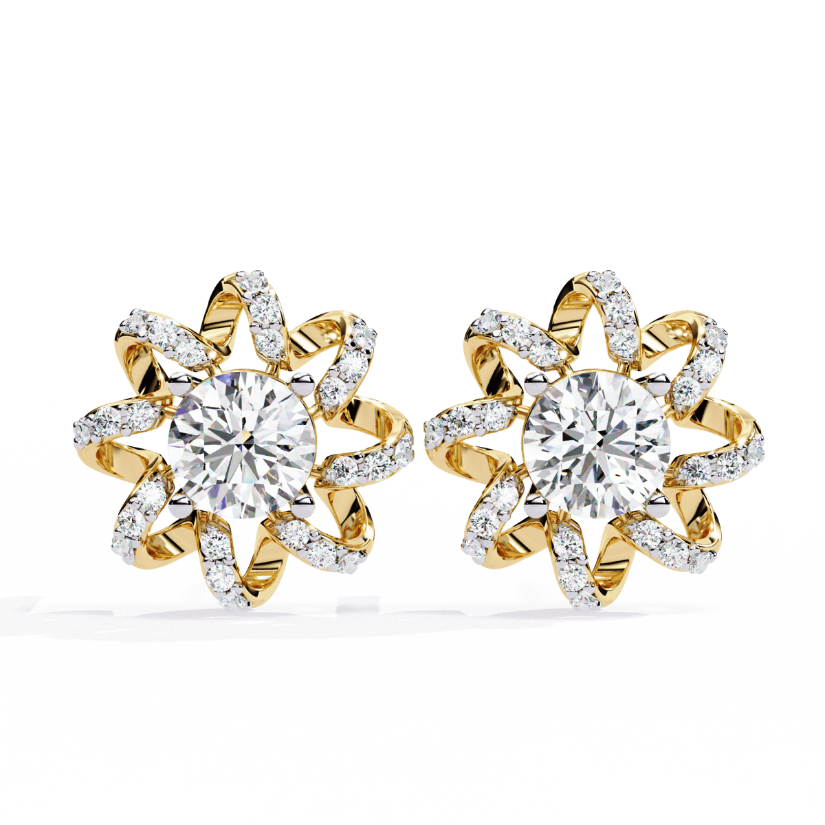 Reverra 14K Gold Round Lab Grown Diamond 4 Prong Floral Stud Earrings For Women, CTTW-1.93