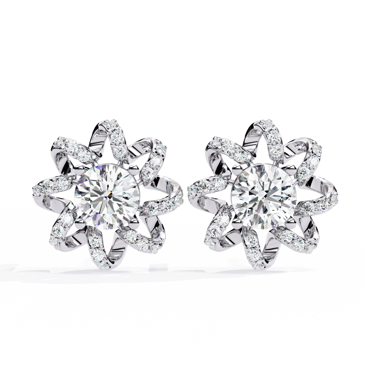 Reverra 14K Gold Round Lab Grown Diamond 4 Prong Floral Stud Earrings For Women, CTTW-1.93
