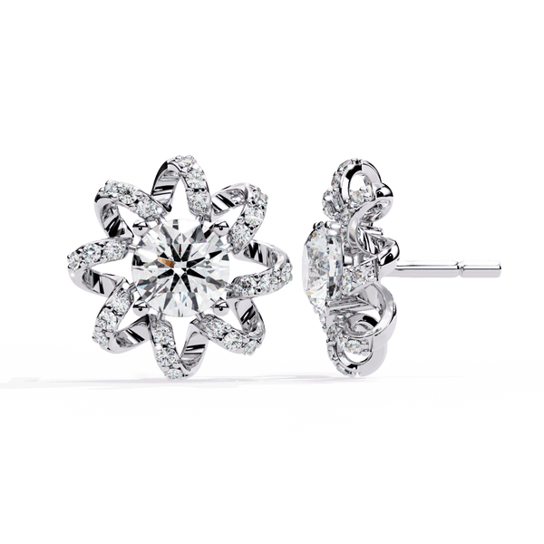 Reverra 14K Gold Round Lab Grown Diamond 4 Prong Floral Stud Earrings For Women, CTTW-1.93