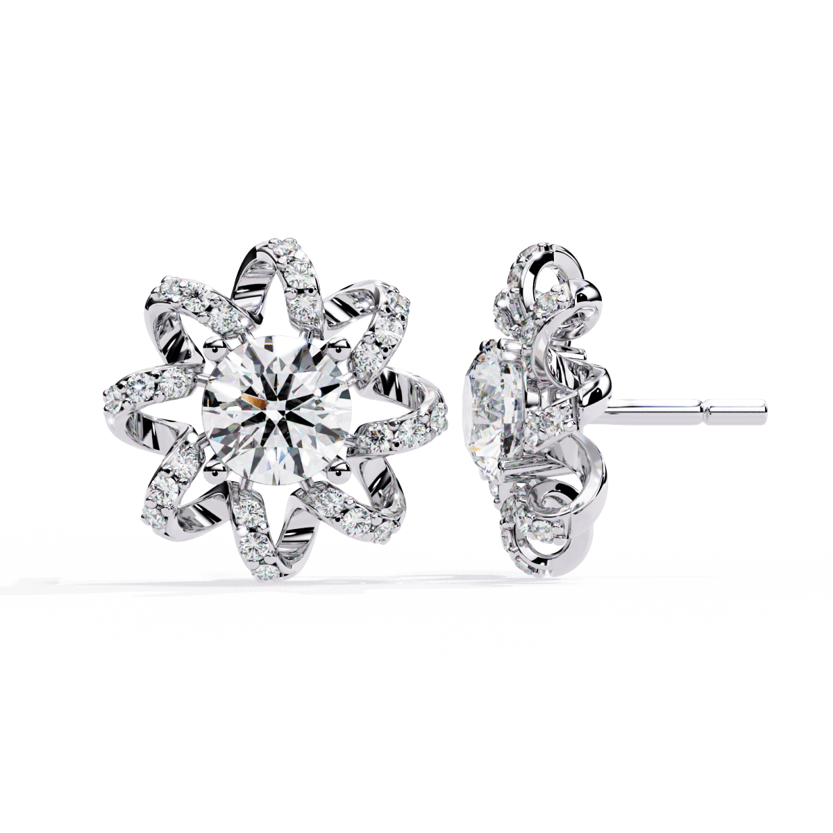 Reverra 14K Gold Round Lab Grown Diamond 4 Prong Floral Stud Earrings For Women, CTTW-1.93