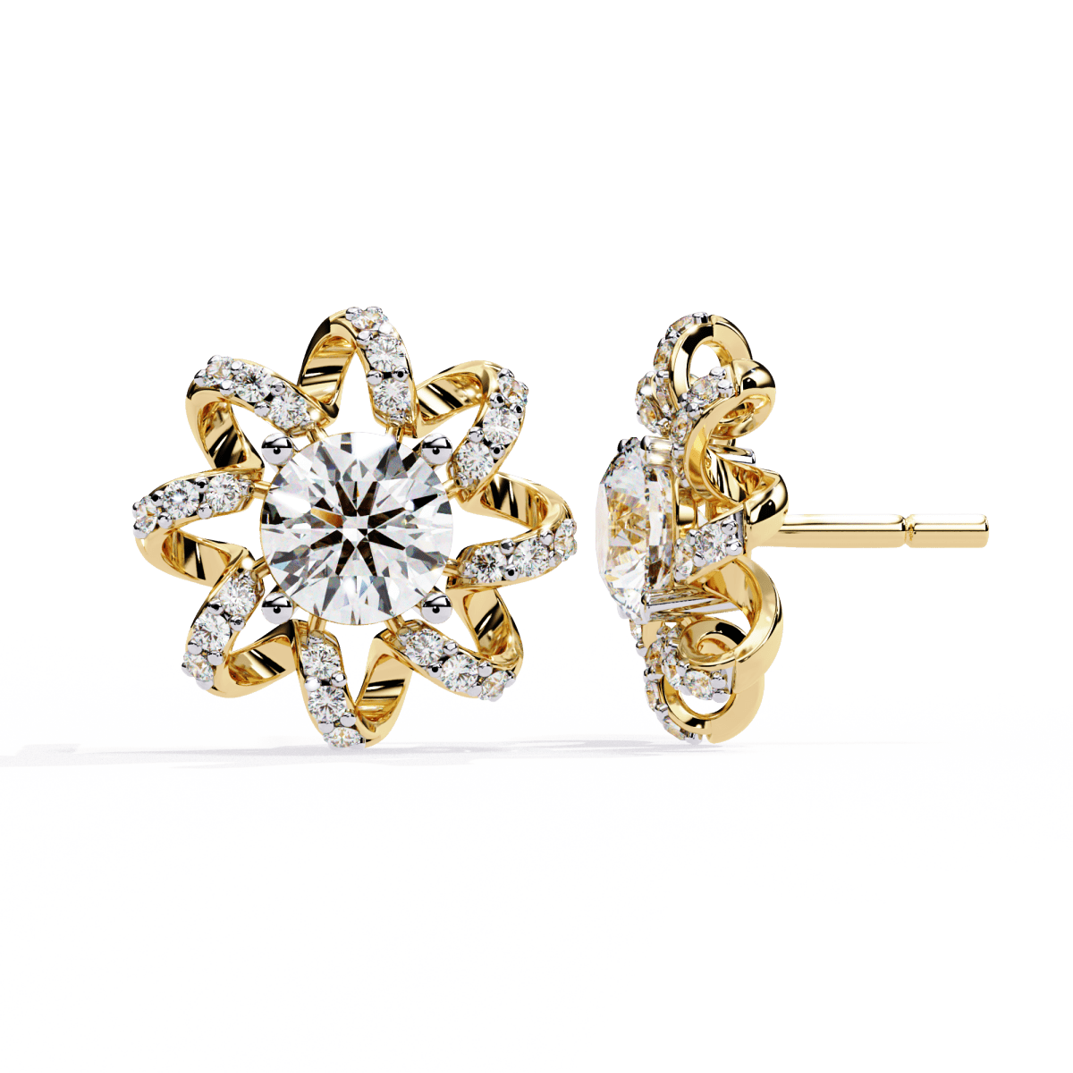 Reverra 14K Gold Round Lab Grown Diamond 4 Prong Floral Stud Earrings For Women, CTTW-1.93
