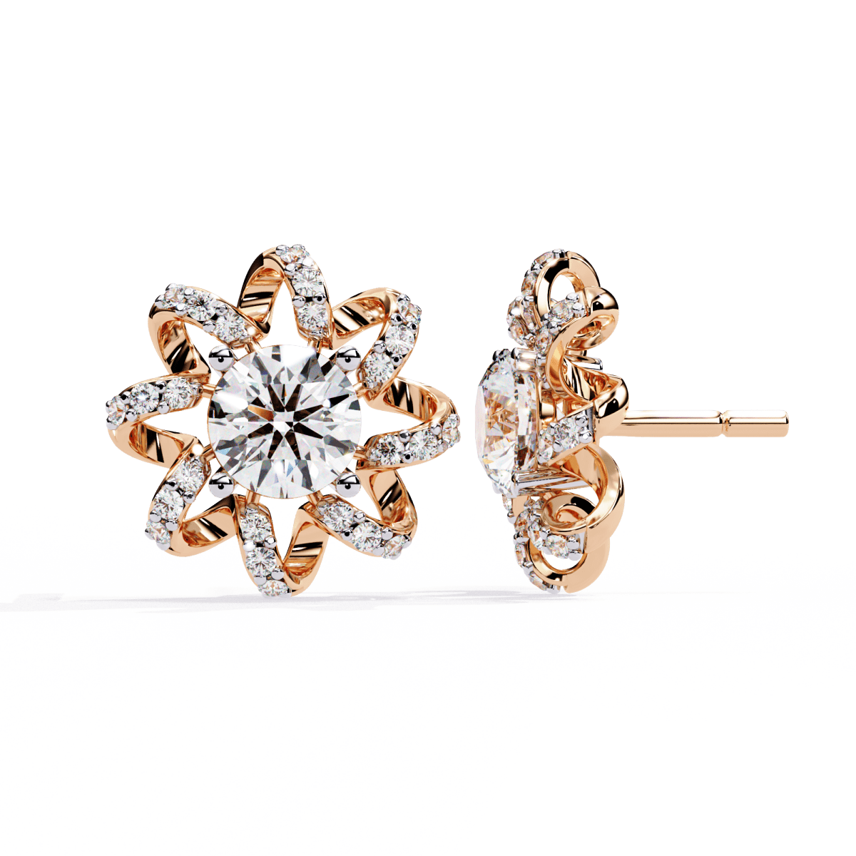 Reverra 14K Gold Round Lab Grown Diamond 4 Prong Floral Stud Earrings For Women, CTTW-1.93