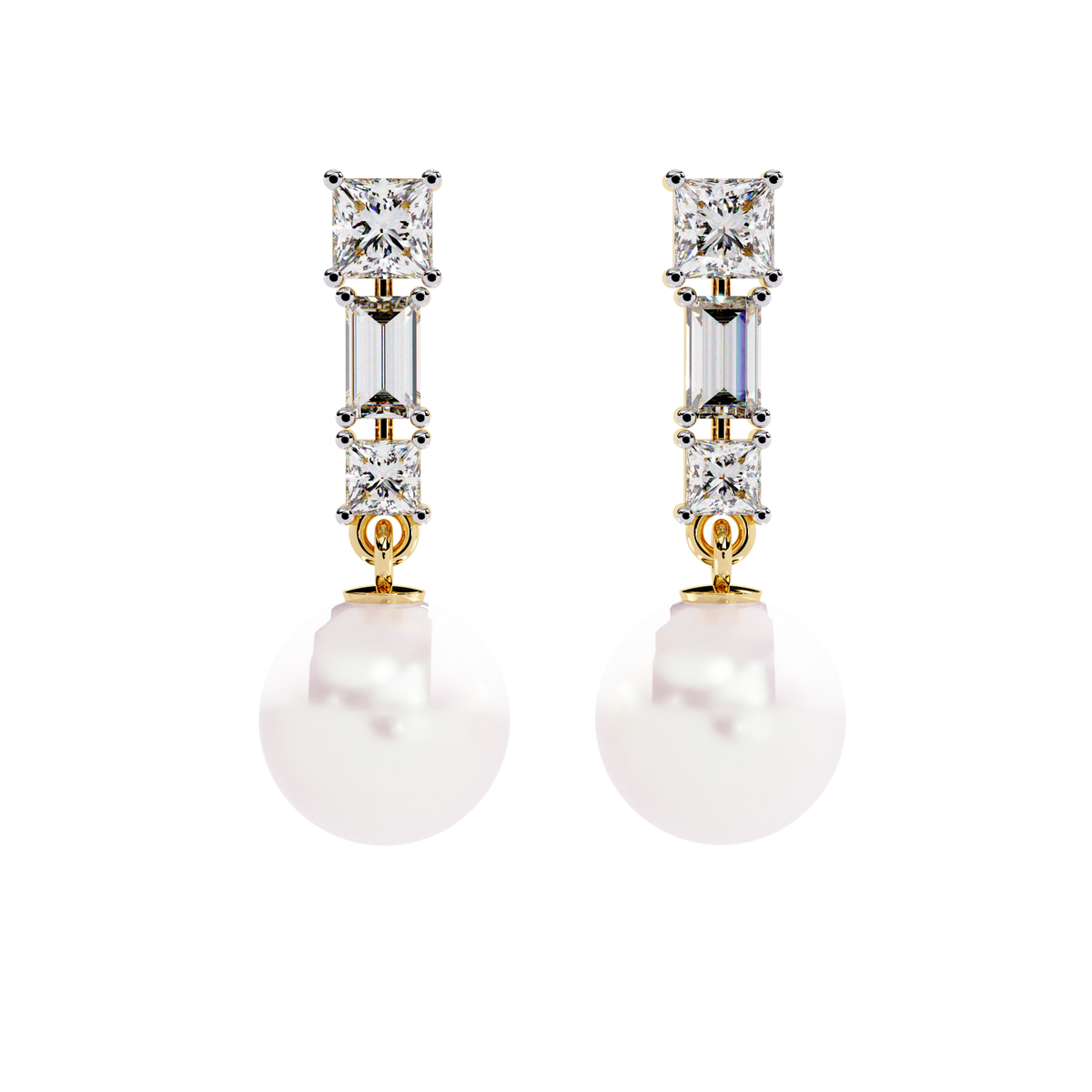 Reverra 14K Gold Princess & Baguette Lab Grown Diamond 4 Prong Pearl Drop Earrings For Women, CTTW-2.08 | Push Back