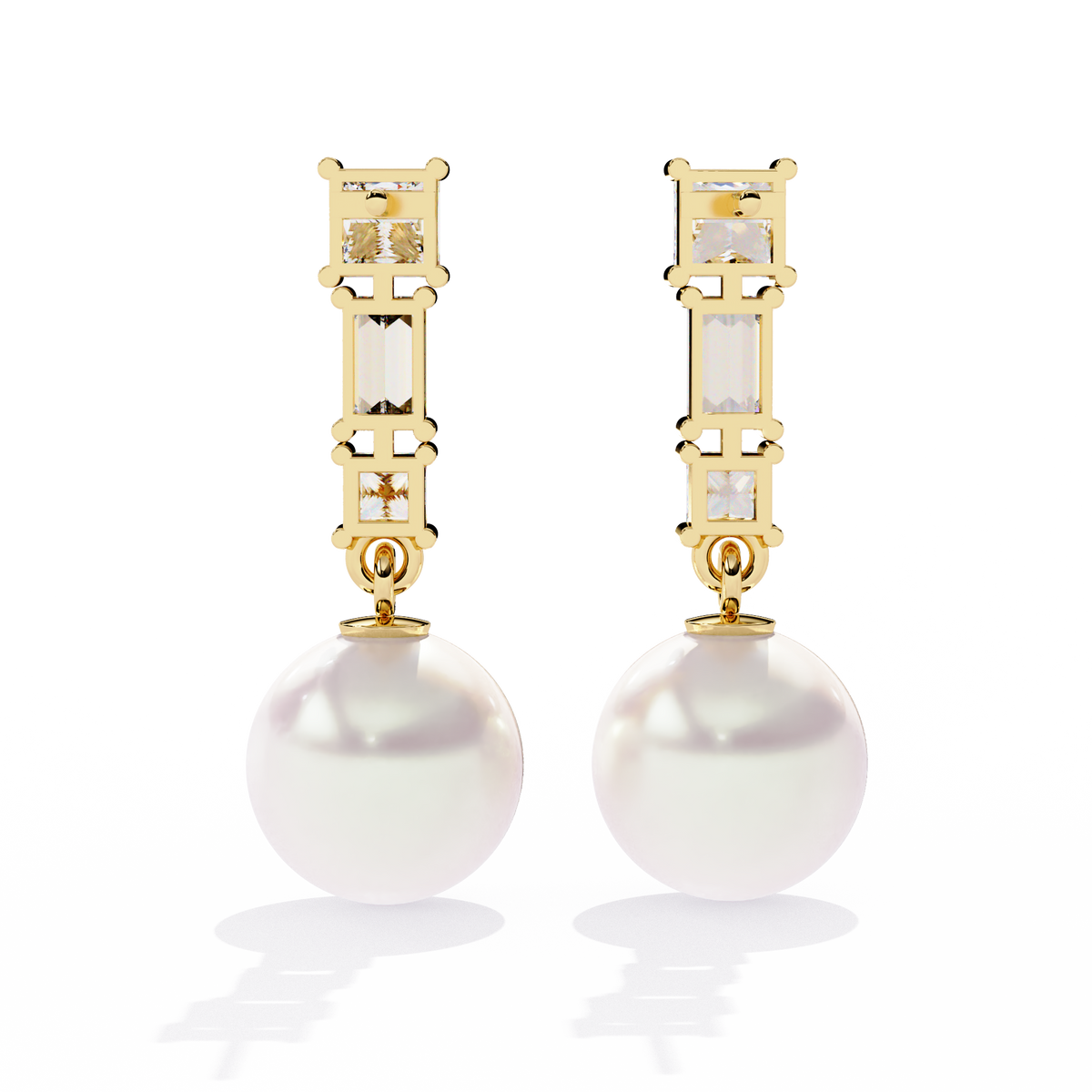 Reverra 14K Gold Princess & Baguette Lab Grown Diamond 4 Prong Pearl Drop Earrings For Women, CTTW-2.08 | Push Back