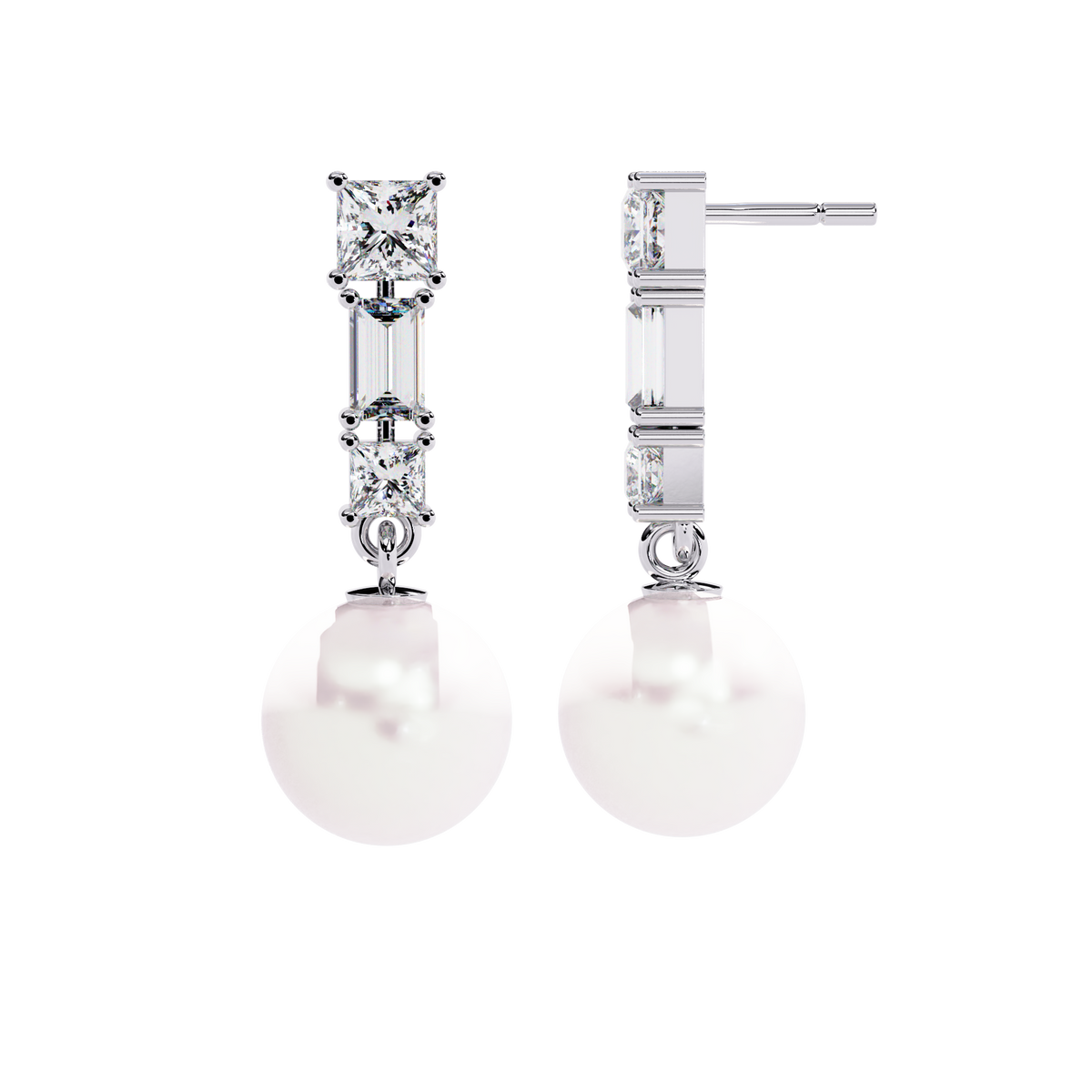 Reverra 14K Gold Princess & Baguette Lab Grown Diamond 4 Prong Pearl Drop Earrings For Women, CTTW-2.08 | Push Back