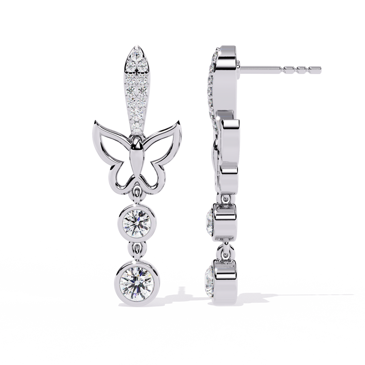 Reverra 14K Gold Round Lab Grown Diamond 4 Prong Butterfly Drop Earrings For Women, CTTW-0.55 | Push Back