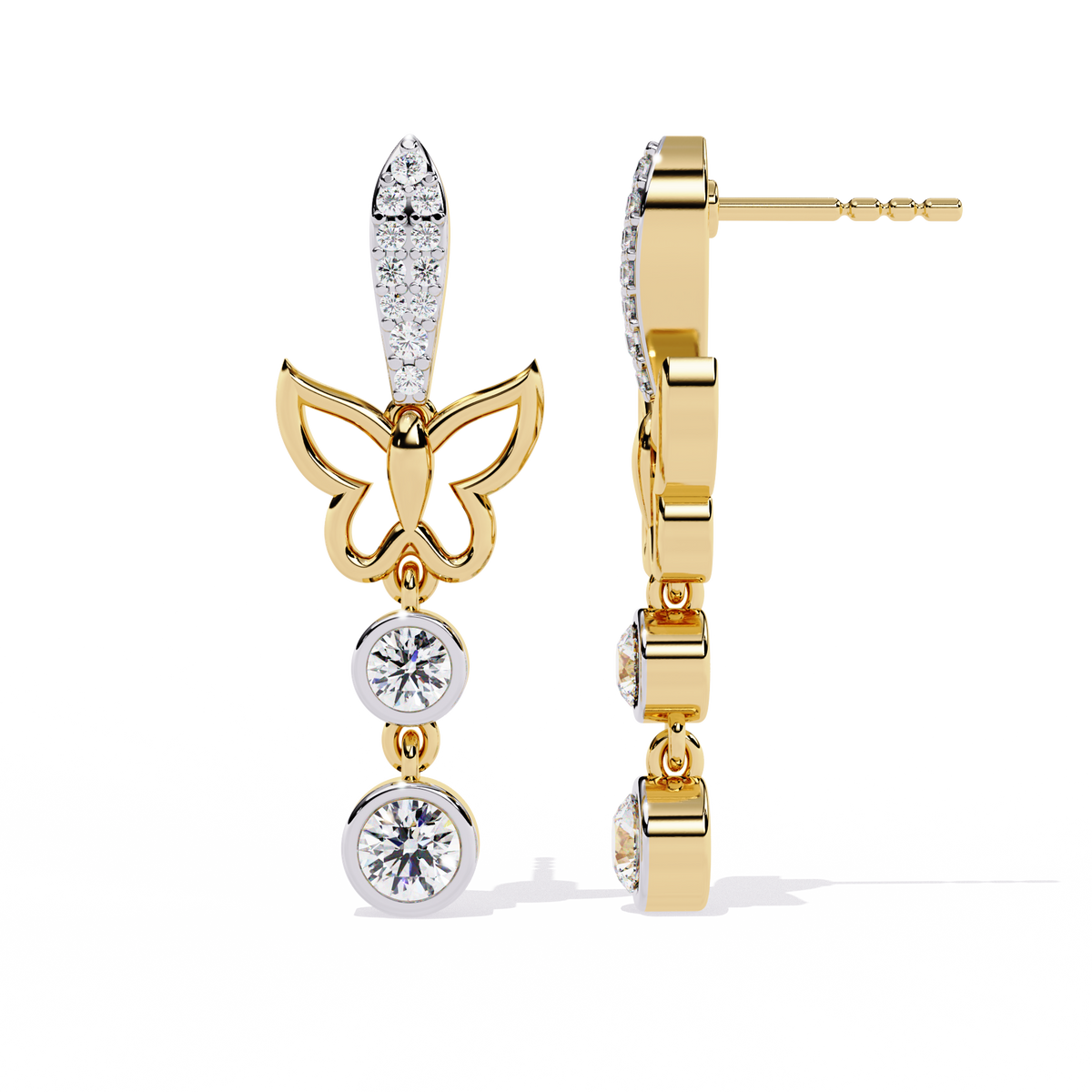 Reverra 14K Gold Round Lab Grown Diamond 4 Prong Butterfly Drop Earrings For Women, CTTW-0.55 | Push Back