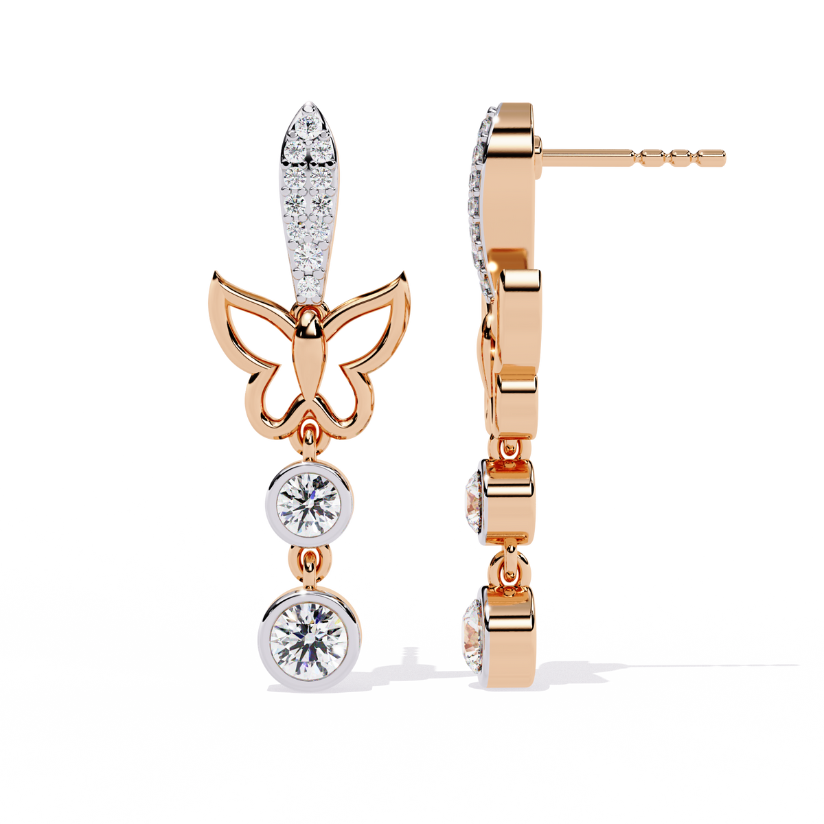 Reverra 14K Gold Round Lab Grown Diamond 4 Prong Butterfly Drop Earrings For Women, CTTW-0.55 | Push Back