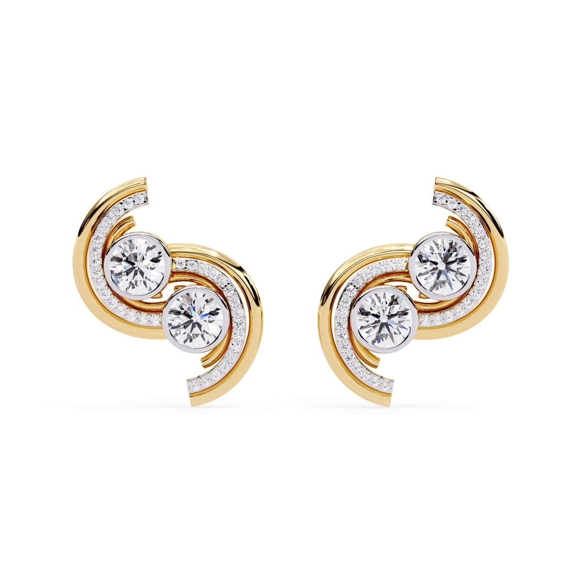 Reverra 14K Gold Round Lab Grown Diamond Bezel Dual Swirl Stud Earrings For Women, CTTW-2.05