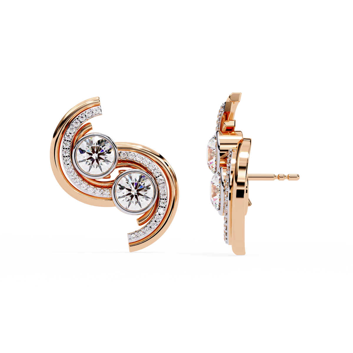 Reverra 14K Gold Round Lab Grown Diamond Bezel Dual Swirl Stud Earrings For Women, CTTW-2.05