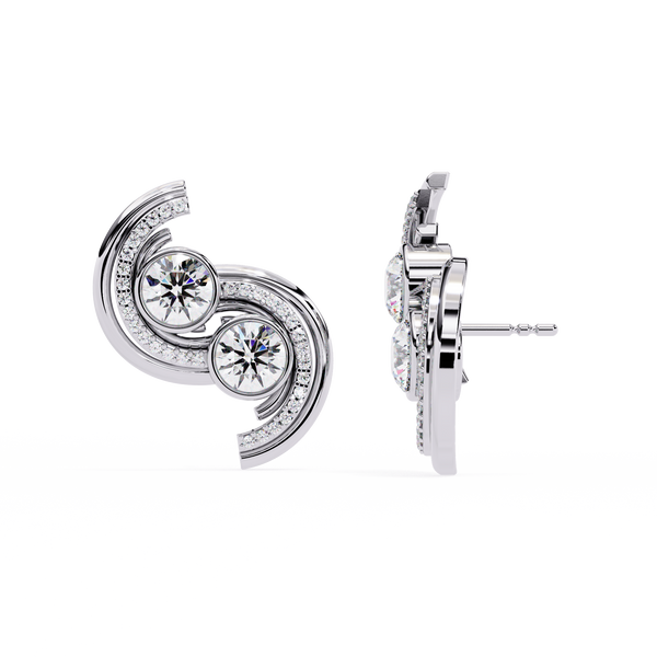 Reverra 14K Gold Round Lab Grown Diamond Bezel Dual Swirl Stud Earrings For Women, CTTW-2.05