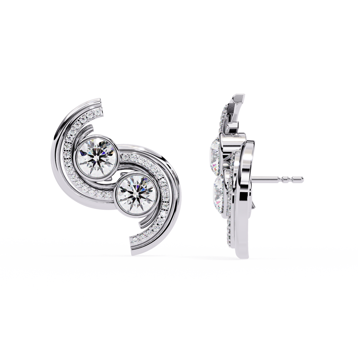 Reverra 14K Gold Round Lab Grown Diamond Bezel Dual Swirl Stud Earrings For Women, CTTW-2.05