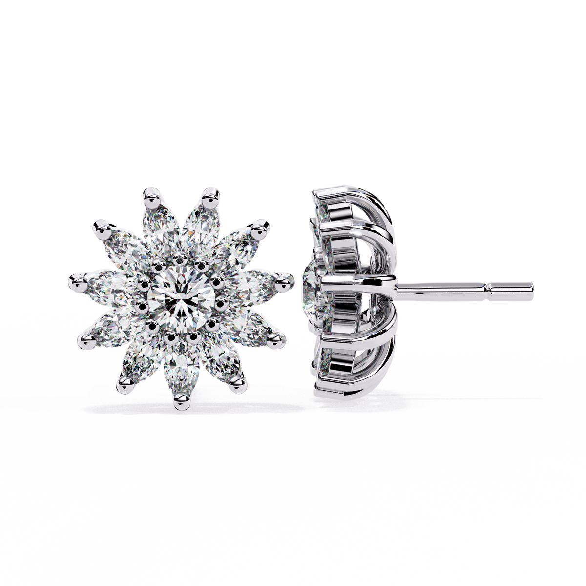 Reverra 14K Gold Marquise Lab Grown Diamond Floral Cluster Stud Earrings For Women, CTTW-1.31