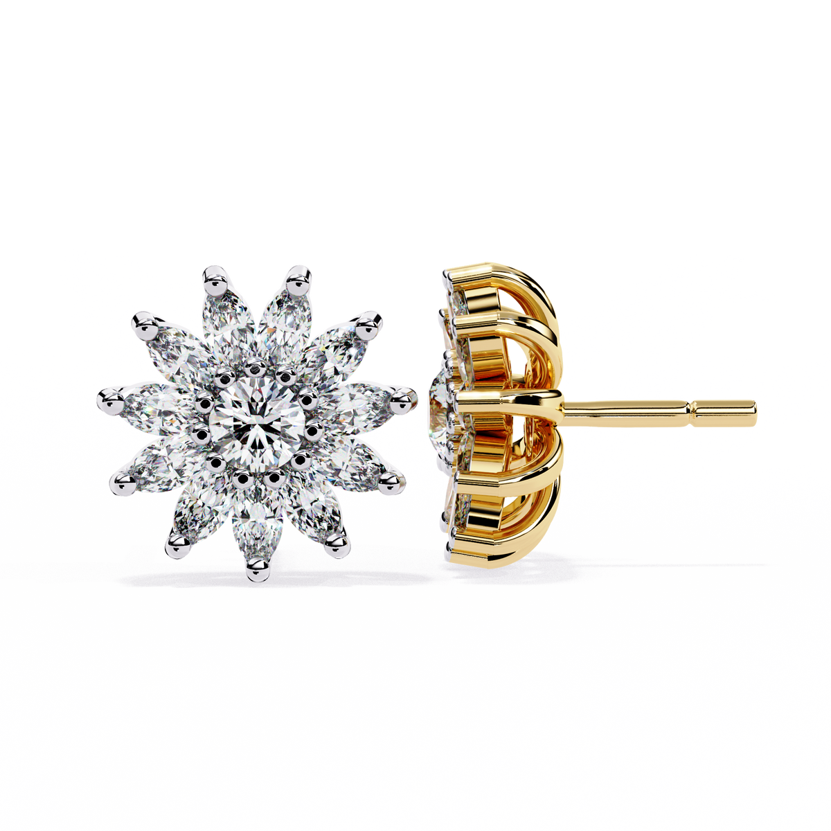 Reverra 14K Gold Marquise Lab Grown Diamond Floral Cluster Stud Earrings For Women, CTTW-1.31