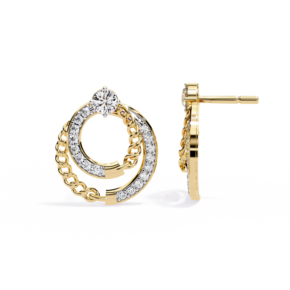 Reverra 14K Gold Round Lab Grown Diamond Dual Circle Chain Stud Earrings For Women, CTTW-0.46