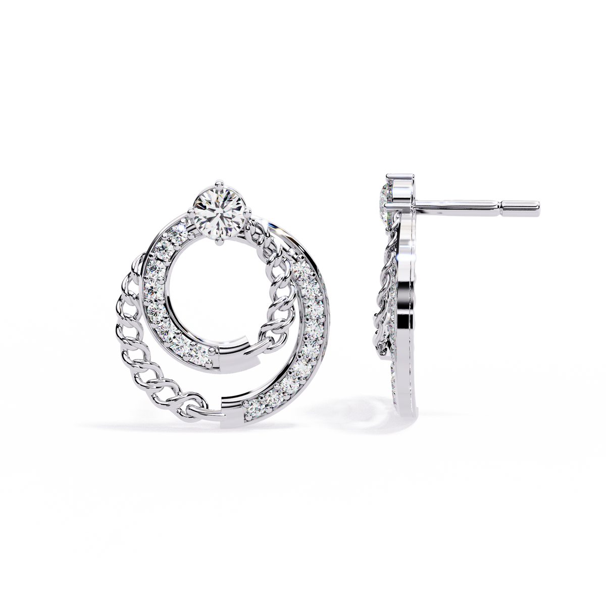 Reverra 14K Gold Round Lab Grown Diamond Dual Circle Chain Stud Earrings For Women, CTTW-0.46