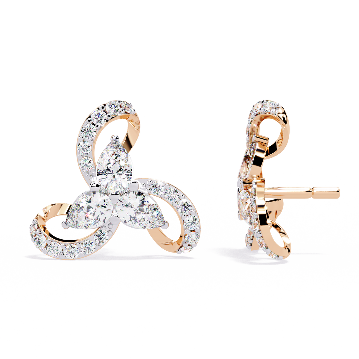 Reverra 14K Gold Pear Lab Grown Diamond Triswirl Cluster Stud Earrings For Women, CTTW-1.38