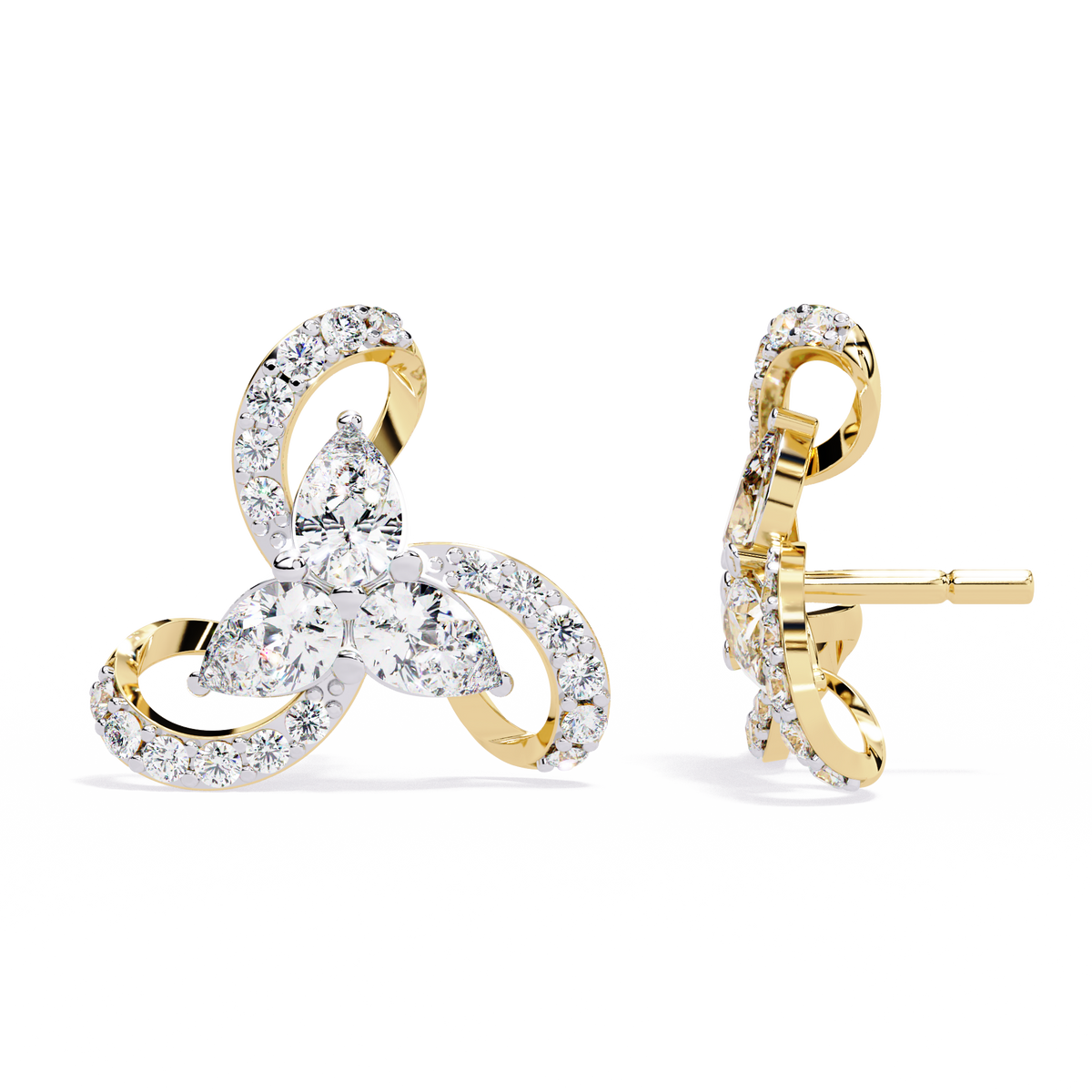 Reverra 14K Gold Pear Lab Grown Diamond Triswirl Cluster Stud Earrings For Women, CTTW-1.38