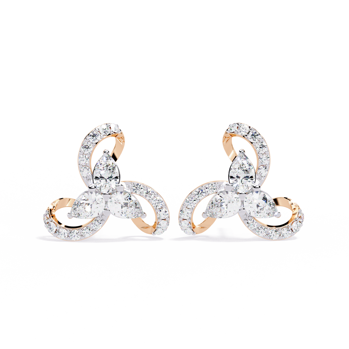 Reverra 14K Gold Pear Lab Grown Diamond Triswirl Cluster Stud Earrings For Women, CTTW-1.38