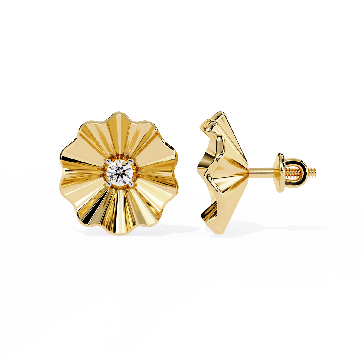 Reverra 14K Gold Round Lab Grown Diamond Petal Textured Stud Earrings For Women, CTTW-0.06