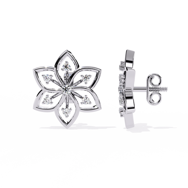 Reverra 14K Gold Round Lab Grown Diamond Floral Open Petal Stud Earrings For Women, CTTW-0.1