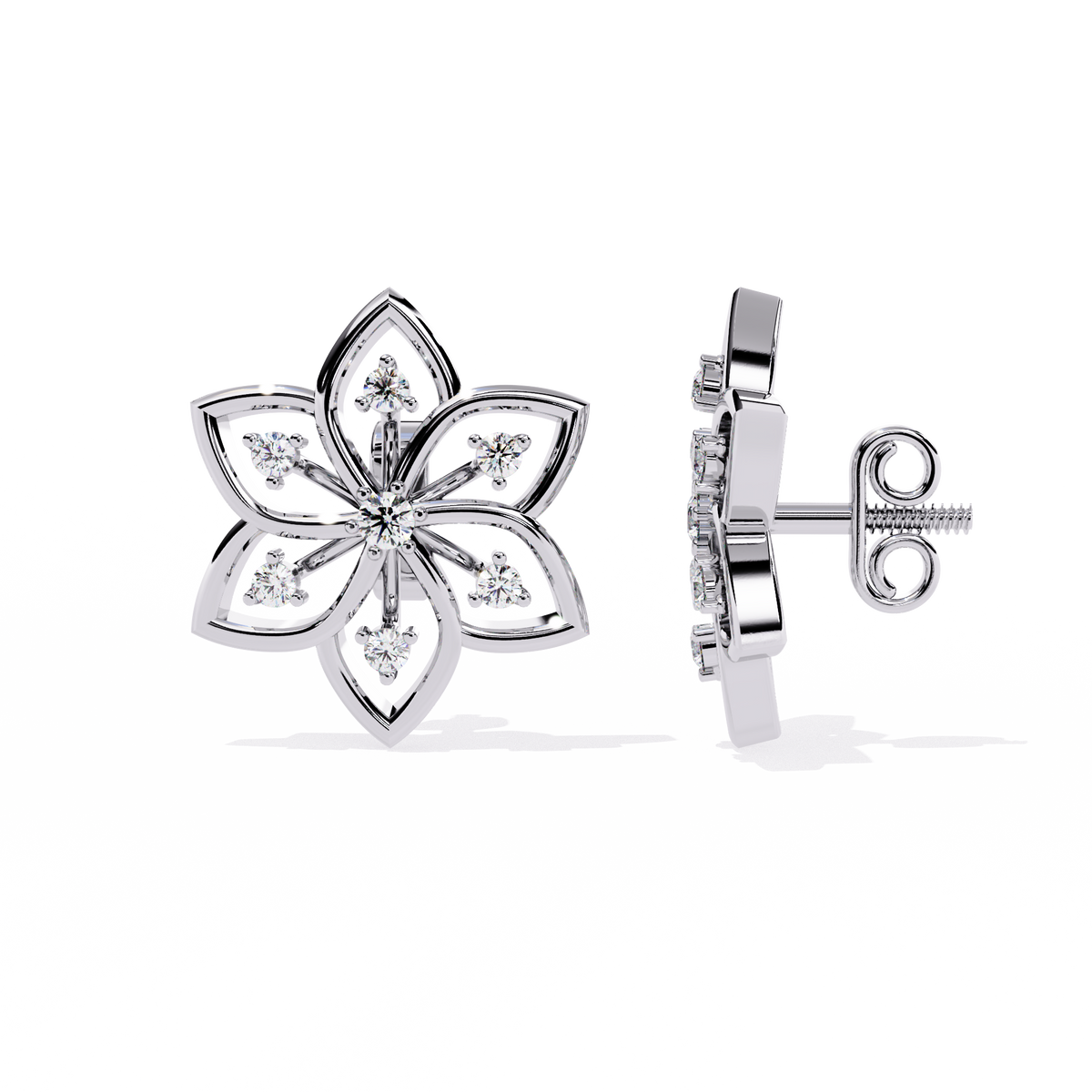 Reverra 14K Gold Round Lab Grown Diamond Floral Open Petal Stud Earrings For Women, CTTW-0.1