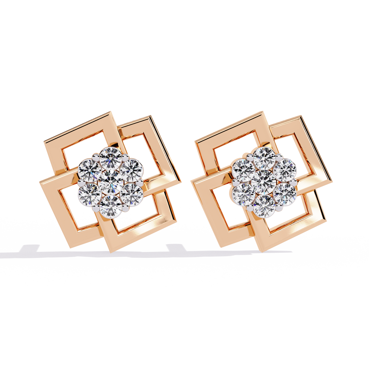Reverra 14K Gold Round Lab Grown Diamond Geometric Floral Stud Earrings For Women, CTTW-0.21