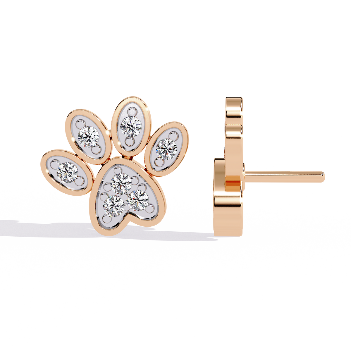 Reverra 14K Gold Round Lab Grown Diamond Paw Print Stud Earrings For Women, CTTW-0.18