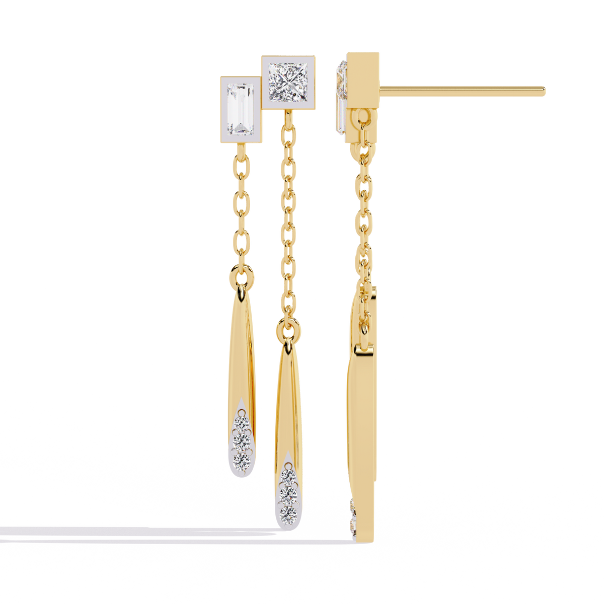 Reverra 14K Gold Princess Lab Grown Diamond Chain Drop Geometric Push Back Earrings For Women, CTTW-0.66