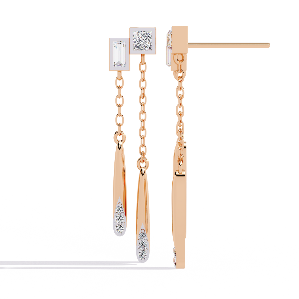 Reverra 14K Gold Princess Lab Grown Diamond Chain Drop Geometric Push Back Earrings For Women, CTTW-0.66