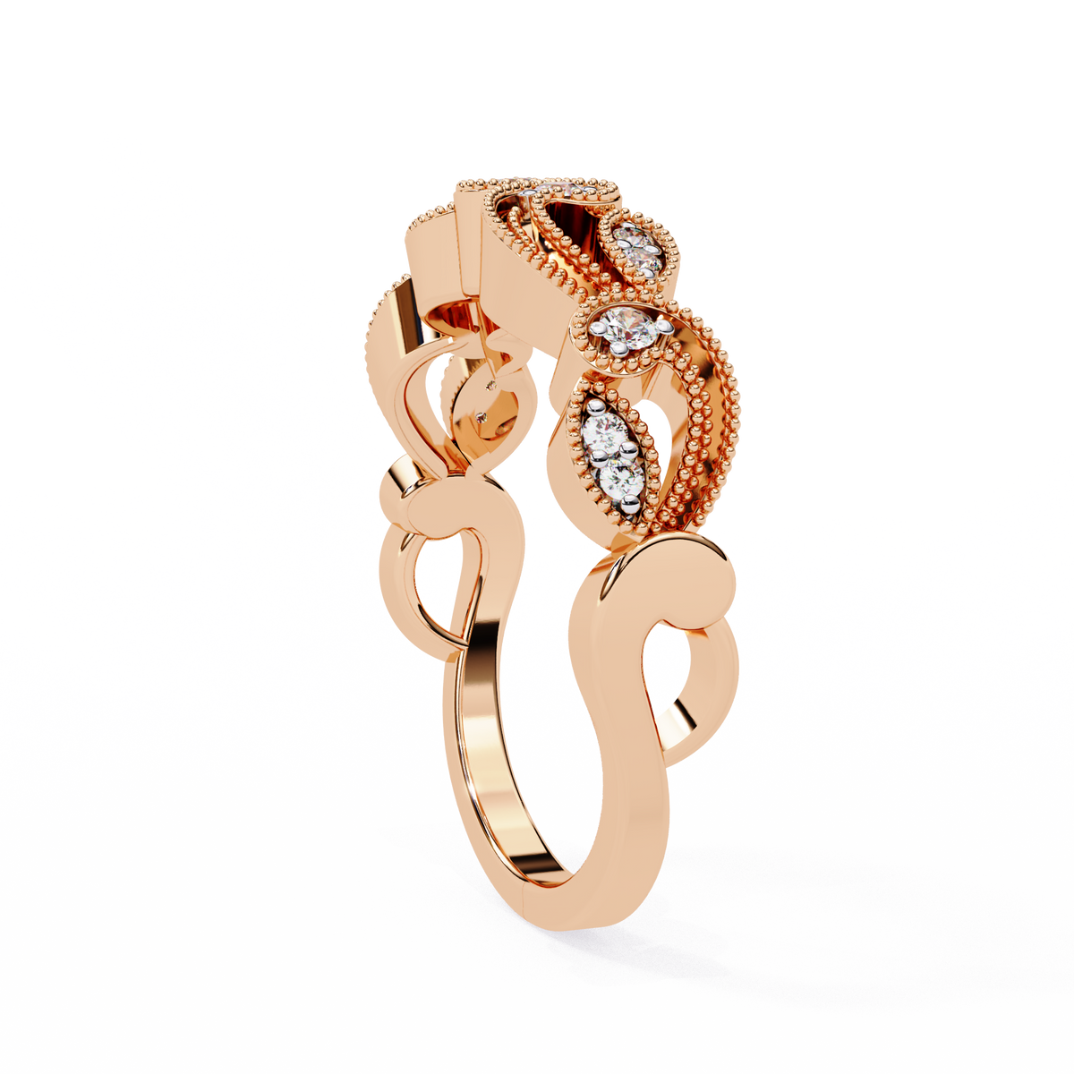 Reverra 14K Vintage Leaf Diamond Band with Milgrain Detailing, CTTW-0.11