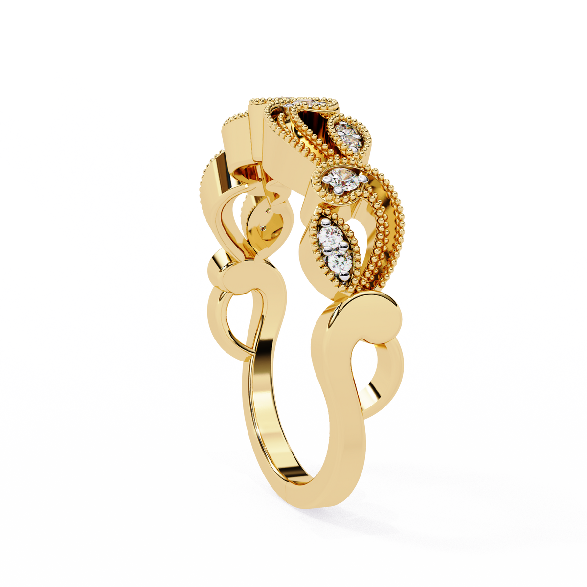 Reverra 14K Vintage Leaf Diamond Band with Milgrain Detailing, CTTW-0.11