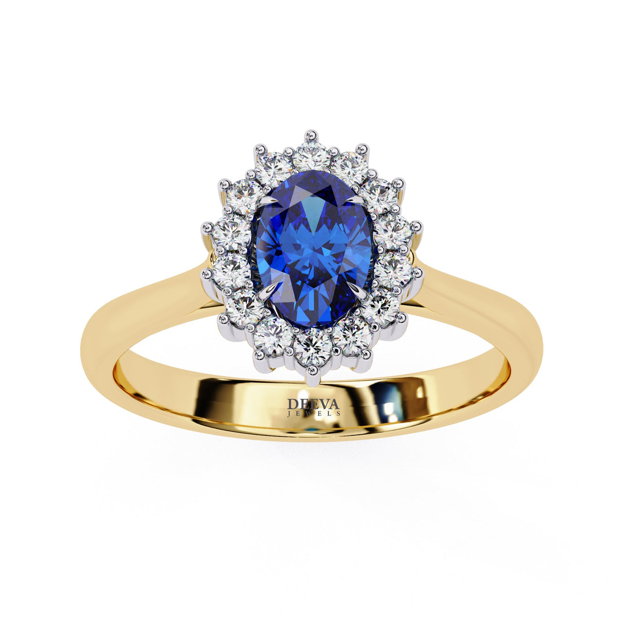 Reverra 14K Gold Oval & Round Lab Grown Diamond Blue Sapphire Halo Engagement Ring for Women, CTTW-2.04