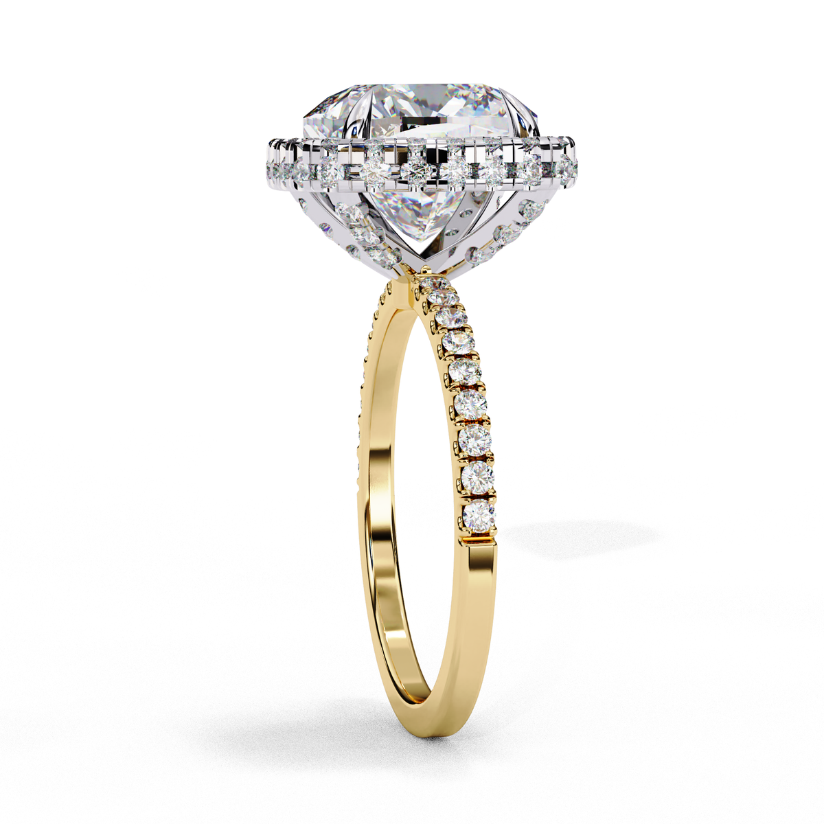 Reverra 14K Cushion Halo Engagement Ring with Pave Band, CTTW-2.985