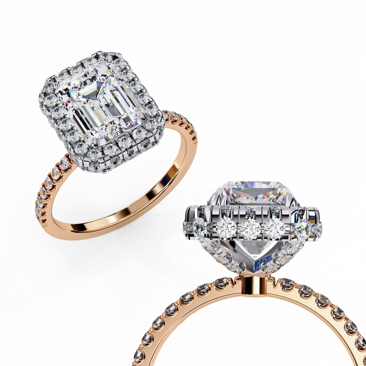 Reverra 14K Emerald Double Halo Engagement Ring with Pave Band, CTTW-2.91