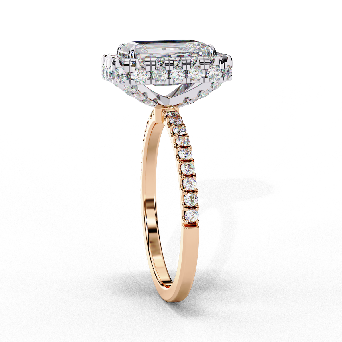 Reverra 14K Radiant Double Halo Engagement Ring with Pave Band, CTTW-2.93