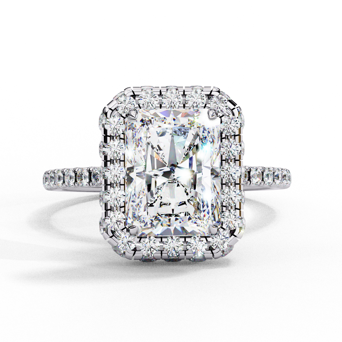 Reverra 14K Radiant Double Halo Engagement Ring with Pave Band, CTTW-2.93