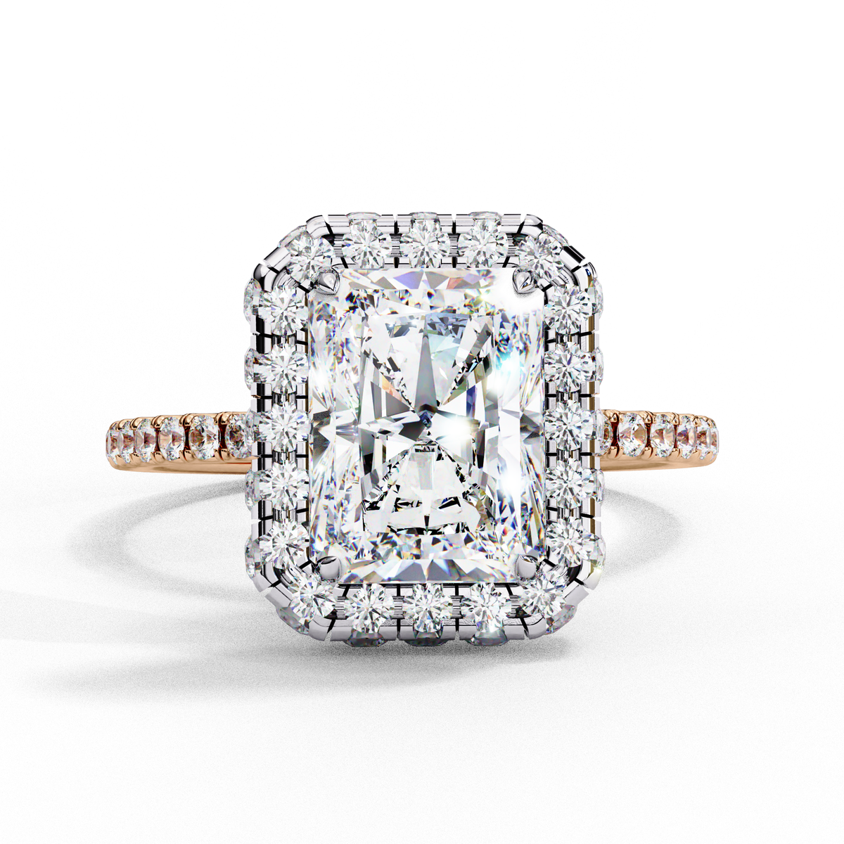 Reverra 14K Radiant Double Halo Engagement Ring with Pave Band, CTTW-2.93