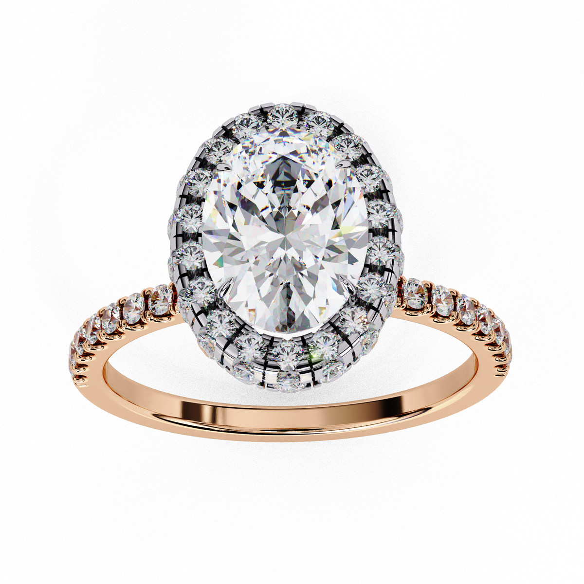 Reverra 14K Oval Double Halo Engagement Ring with Pave Band, CTTW-2.06