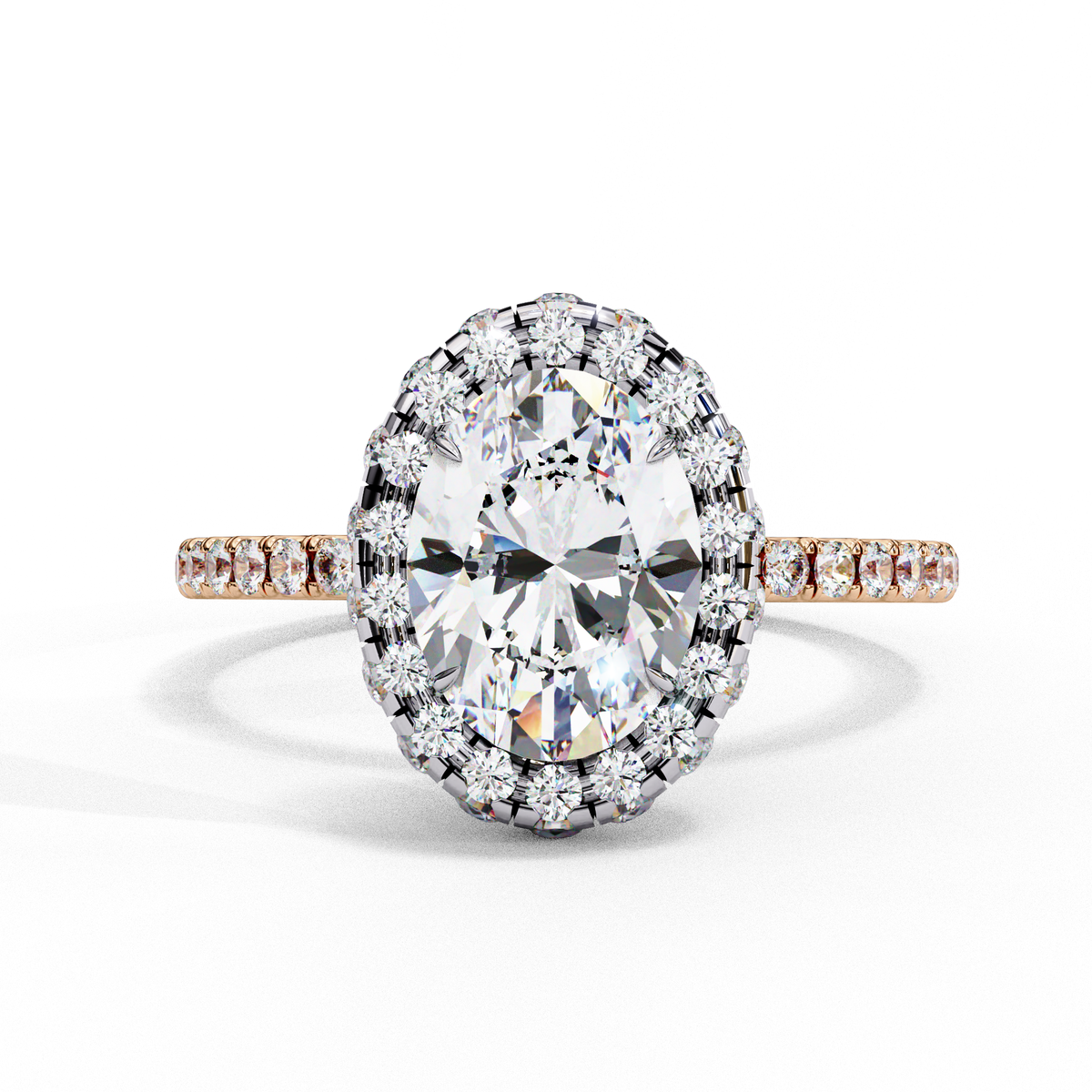 Reverra 14K Oval Double Halo Engagement Ring with Pave Band, CTTW-2.06