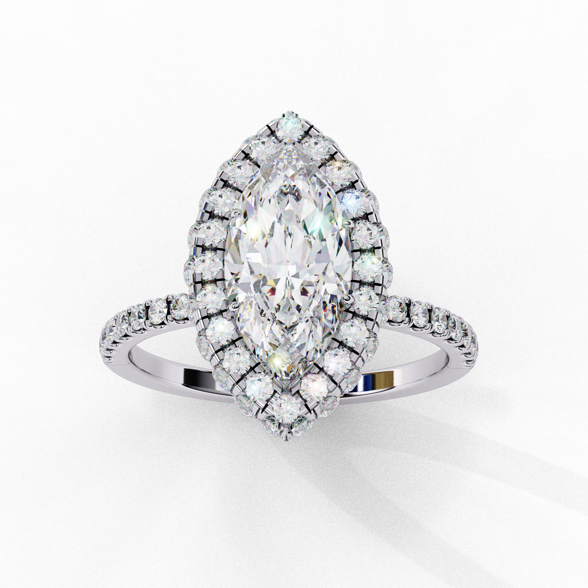 Reverra 14K Marquise Double Halo Engagement Ring with Pave Band, CTTW-2.173