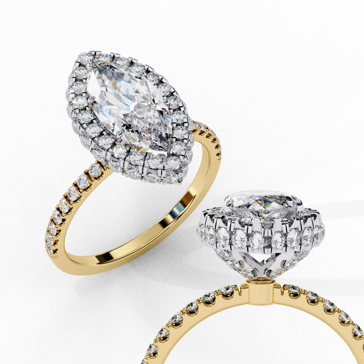 Reverra 14K Marquise Double Halo Engagement Ring with Pave Band, CTTW-2.173