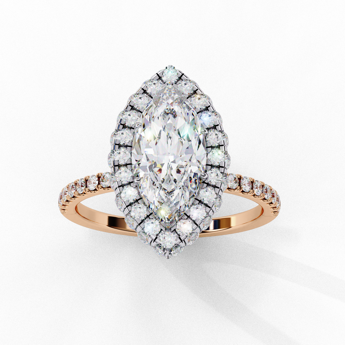 Reverra 14K Marquise Double Halo Engagement Ring with Pave Band, CTTW-2.173