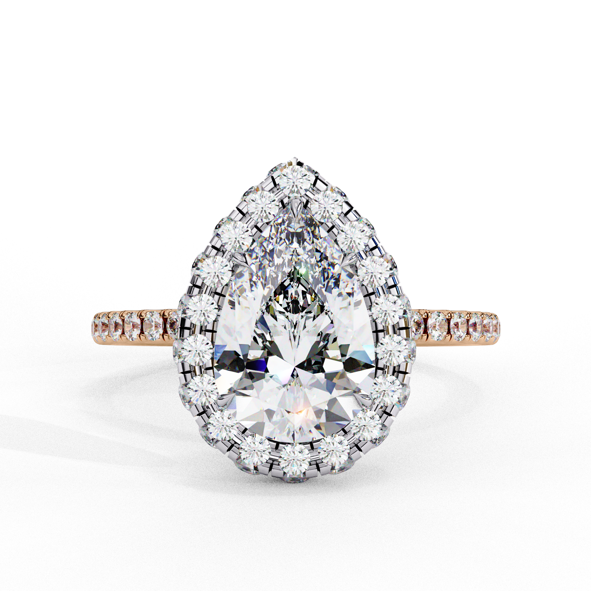 Reverra 14K Pear Double Halo Engagement Ring with Pave Band, CTTW-2.53