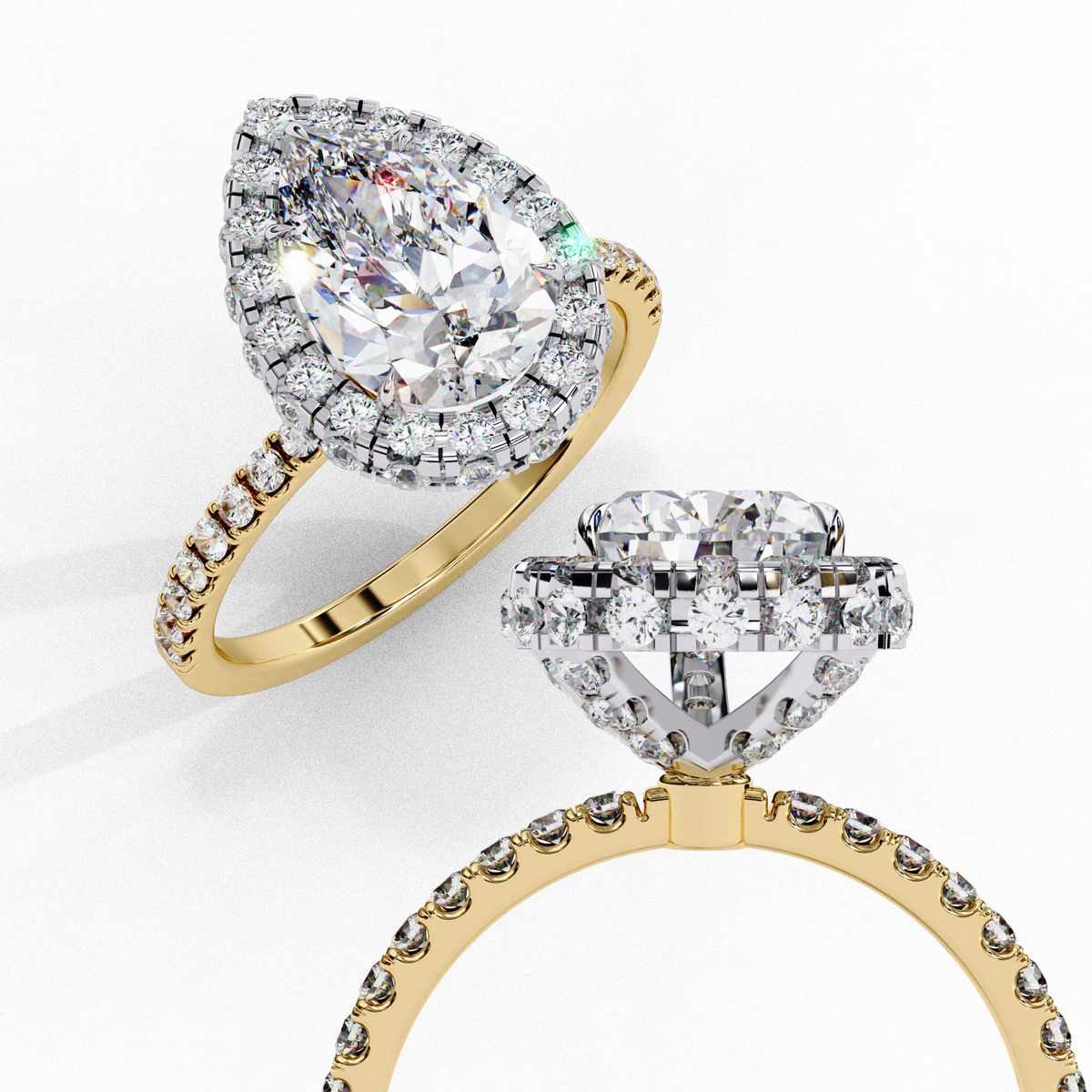 Reverra 14K Pear Double Halo Engagement Ring with Pave Band, CTTW-2.53